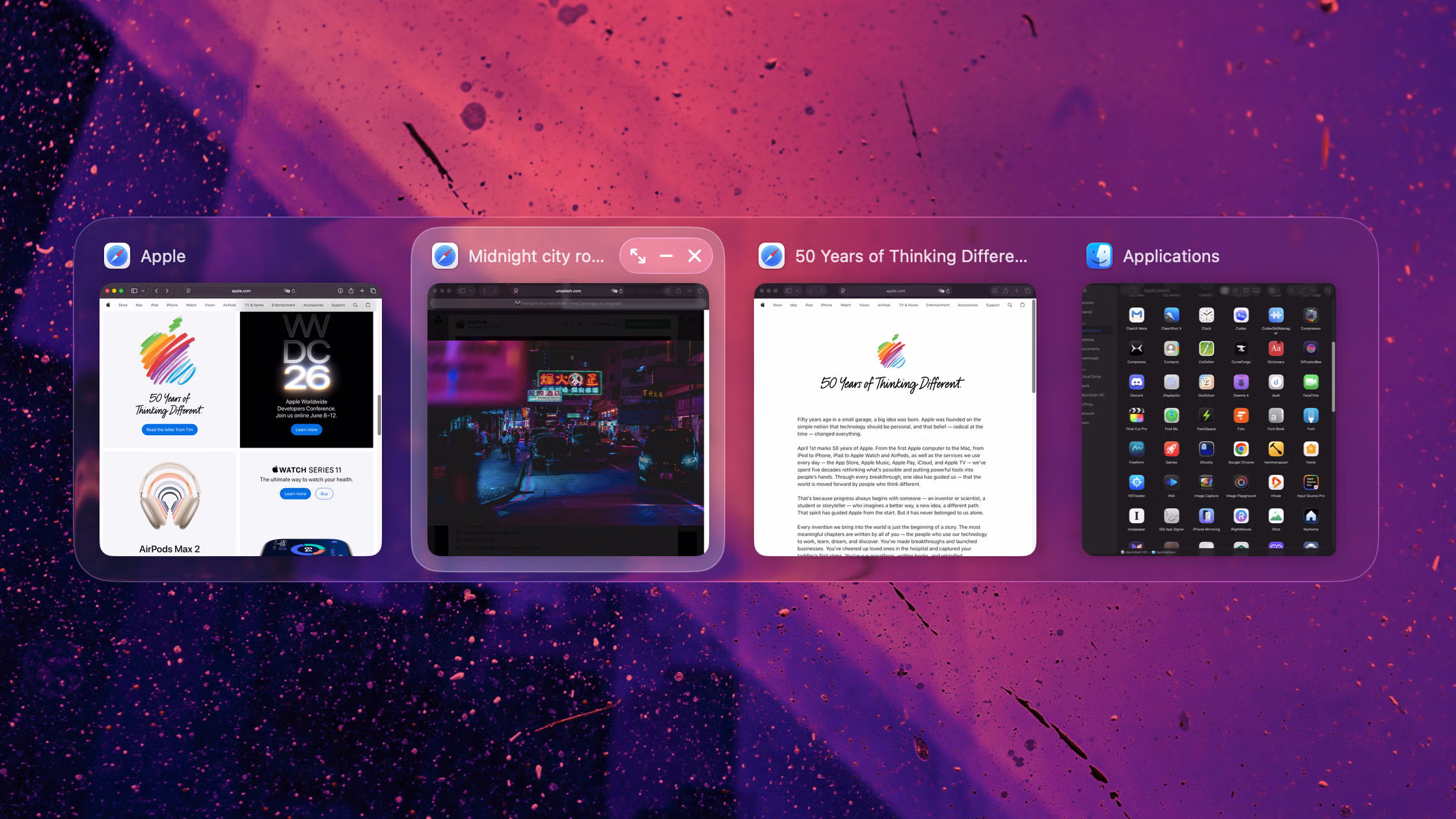 Tangrid cinematic window switcher preview on macOS with large horizontal thumbnails.