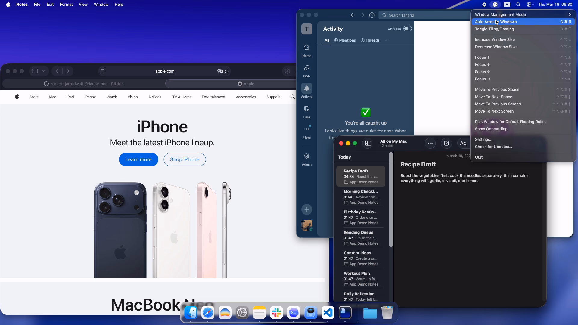 Tangrid snap assist demo showing a window snapping into a larger layout on macOS.